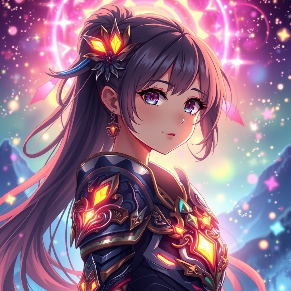 Anime Girl in Shimmer Armor in Radiant Fantasy Landscape