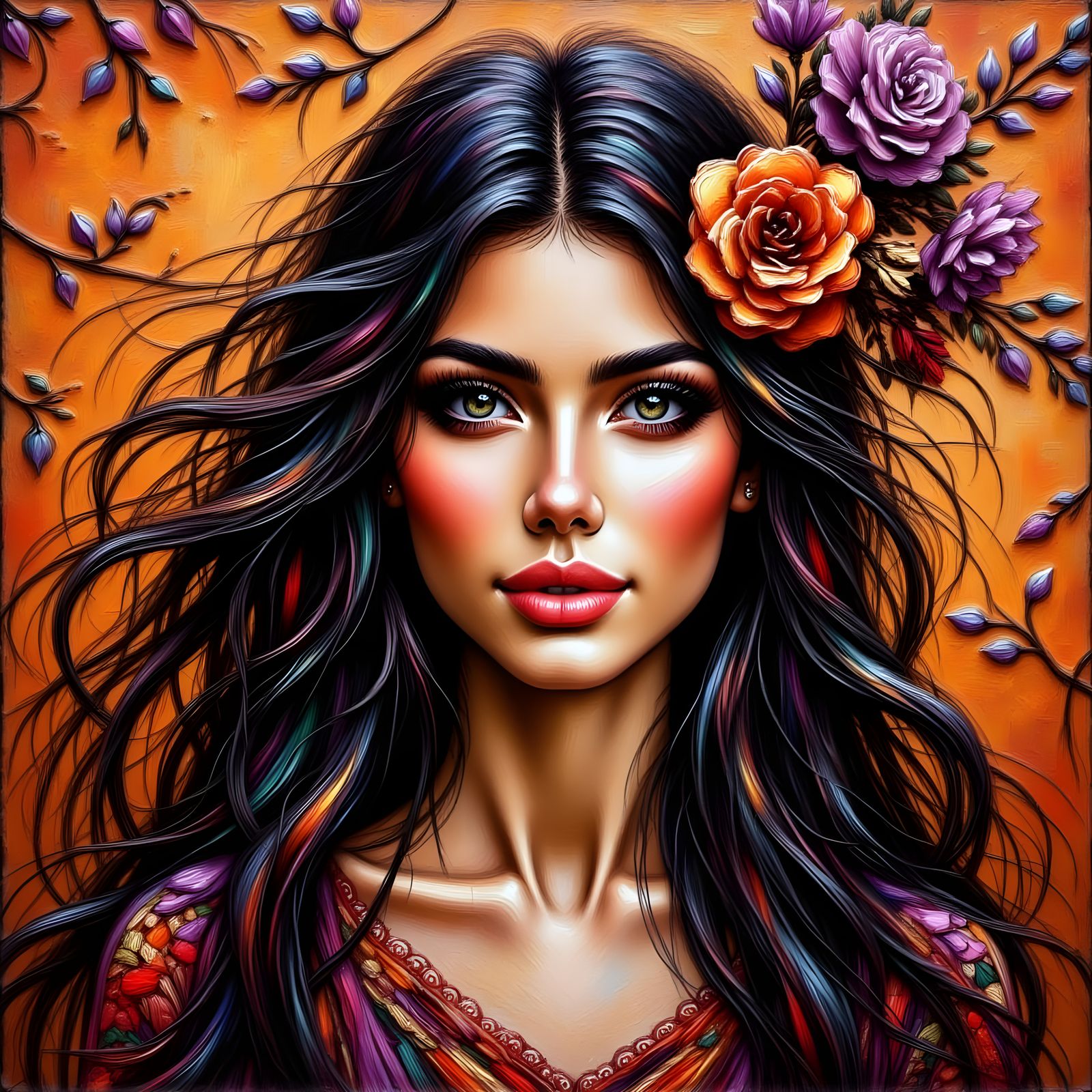 Woman Painted in Orange and Purple, Monet Style