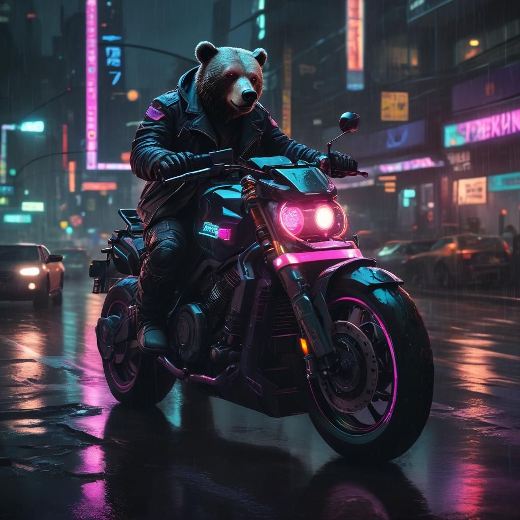 Cyberpunk Bear on Motorcycle in Neon Cityscape