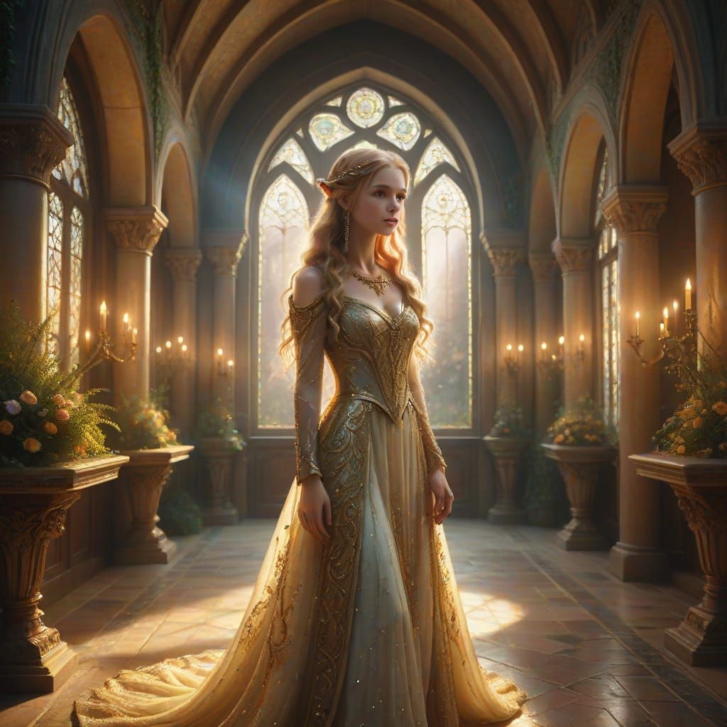 Enchanting Elf in Golden Hall: Romantic Realism
