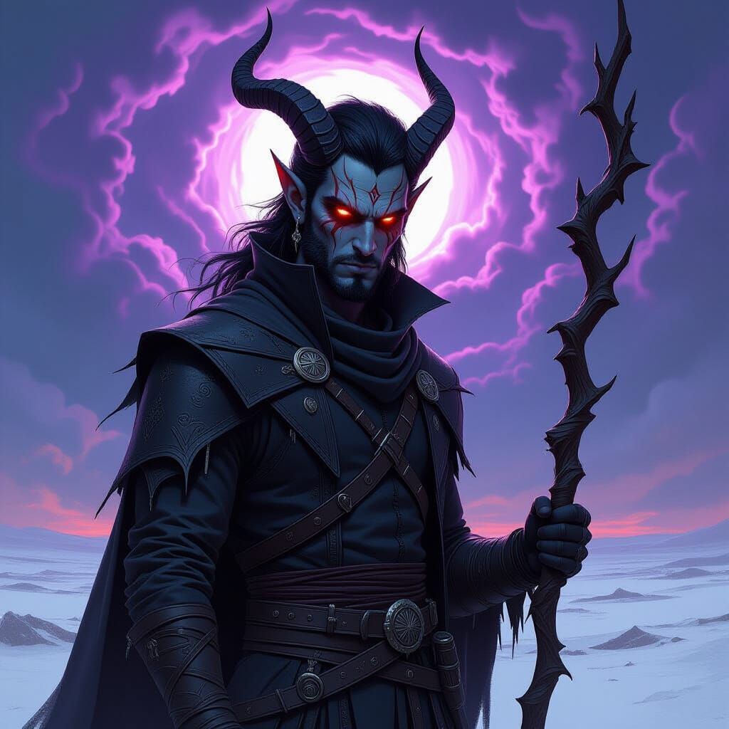 Tiefling Warrior in Desolate Tundra, Dark Fantasy Art