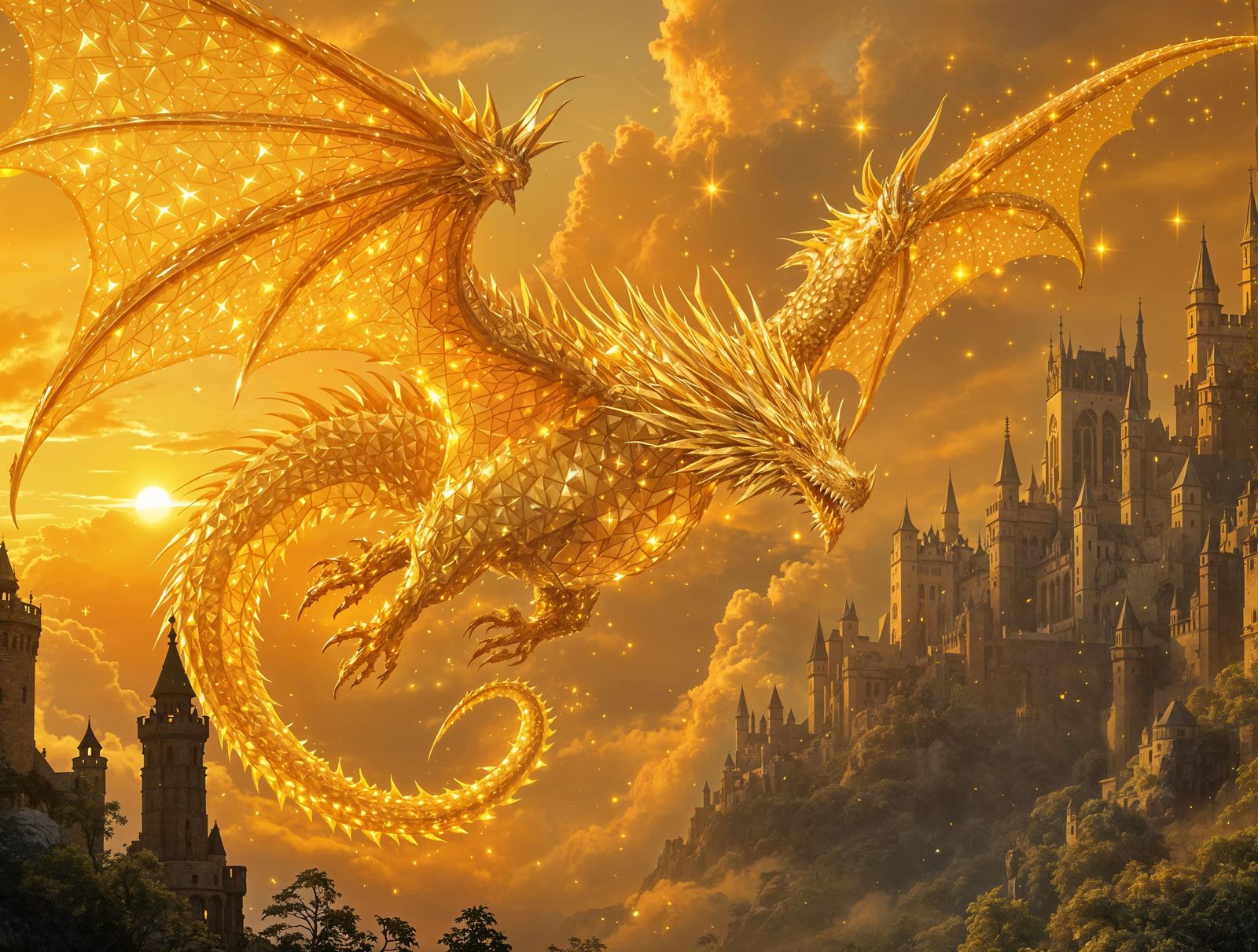 Topaz Dragon Soaring Over Medieval Sunset Landscape