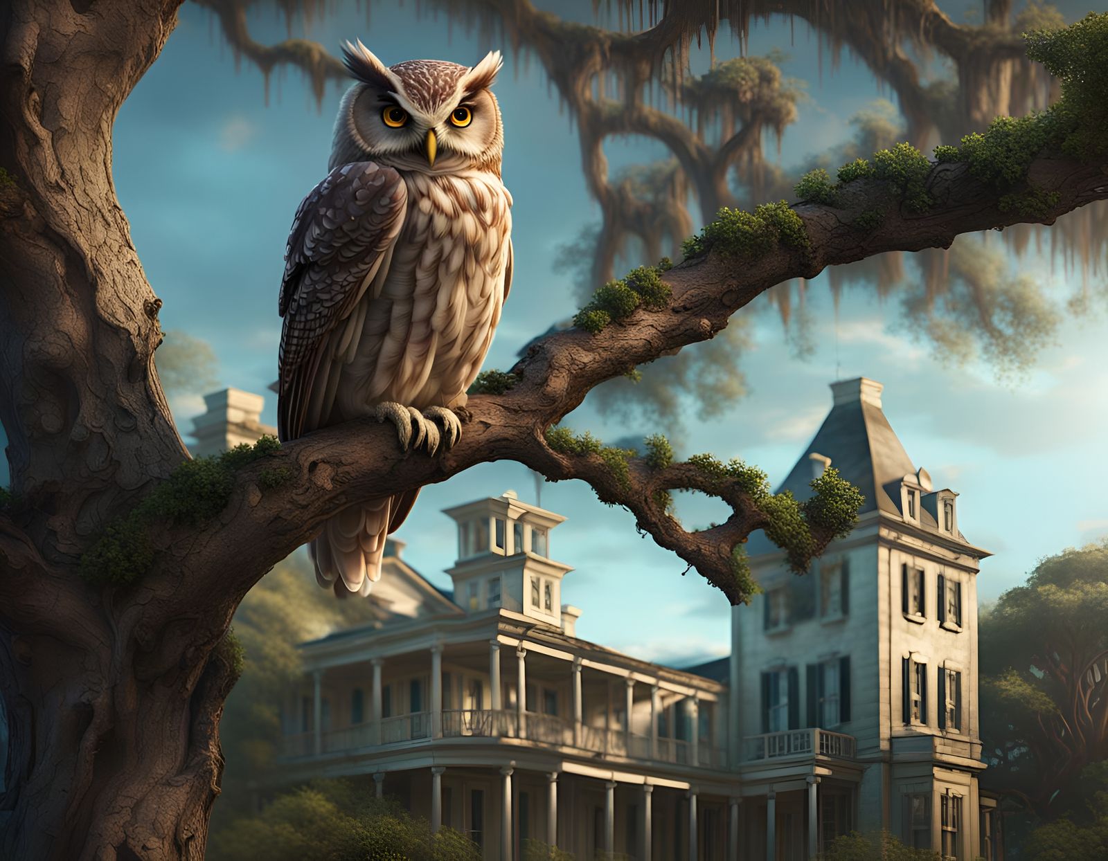 Louisiana Hoot Owl Perched on Oak Branch