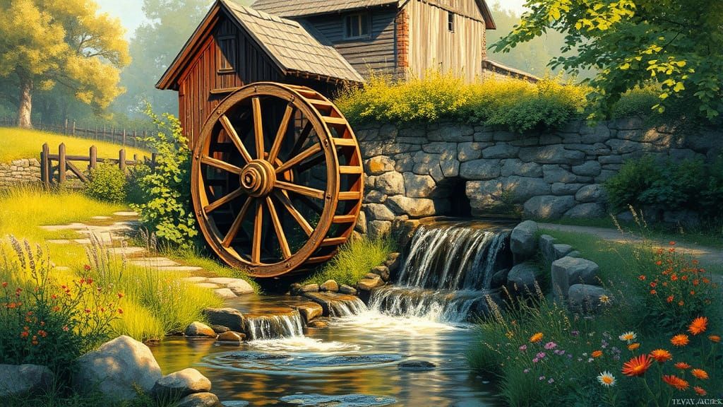 Peaceful Impressionist Countryside Scene with Waterwheel