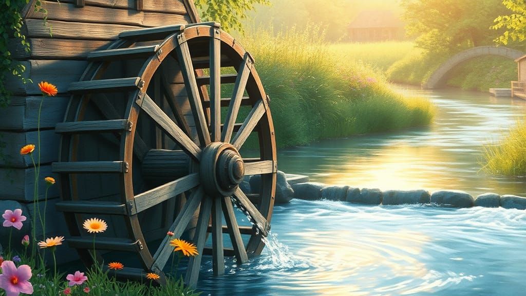 Dreamy Waterwheel in a Serene River Landscape