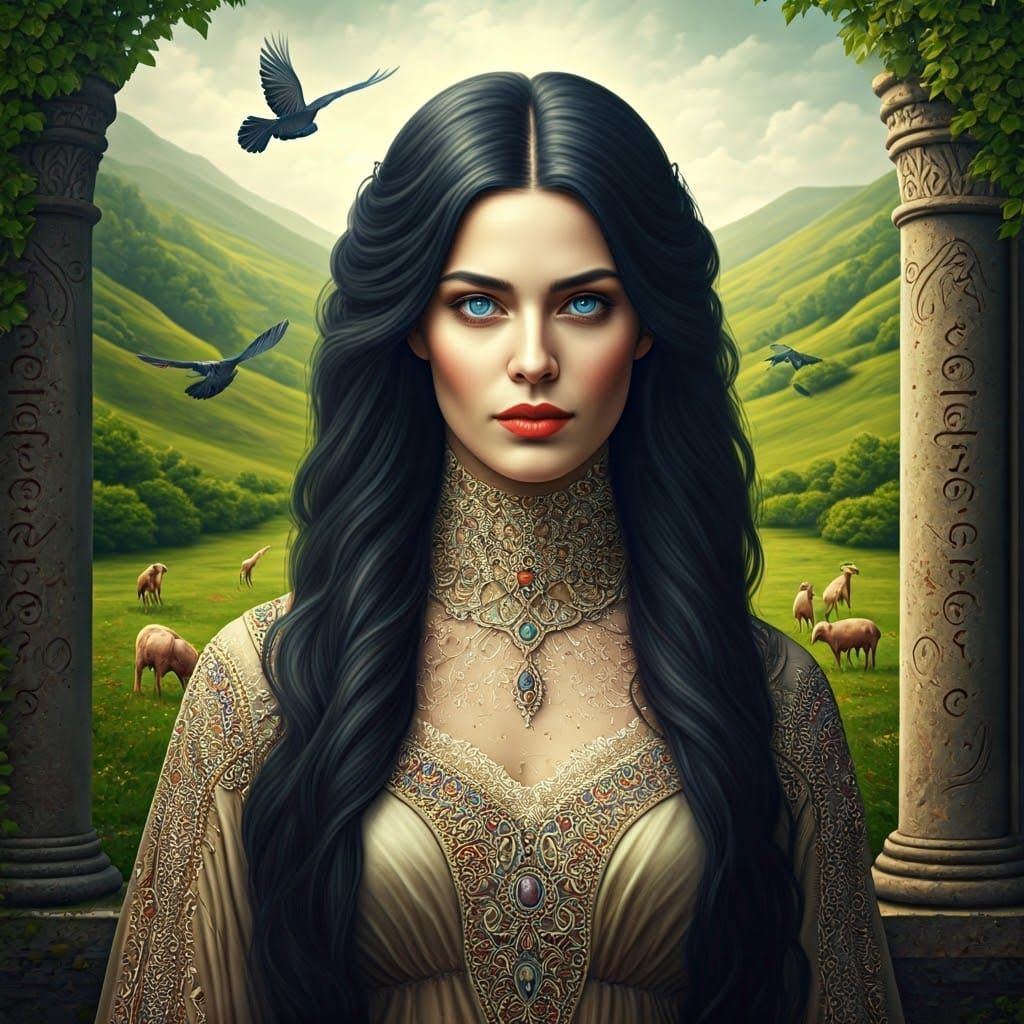 Elegant Woman in Verdant Landscape with Gentle Creatures