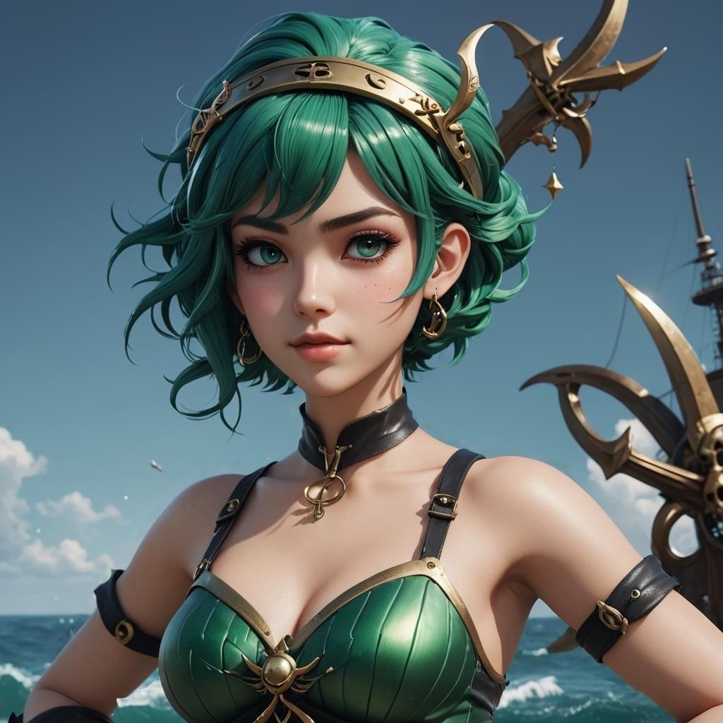 Teenage Triton Mermaid in Pirate Outfit, 3D Anime Art