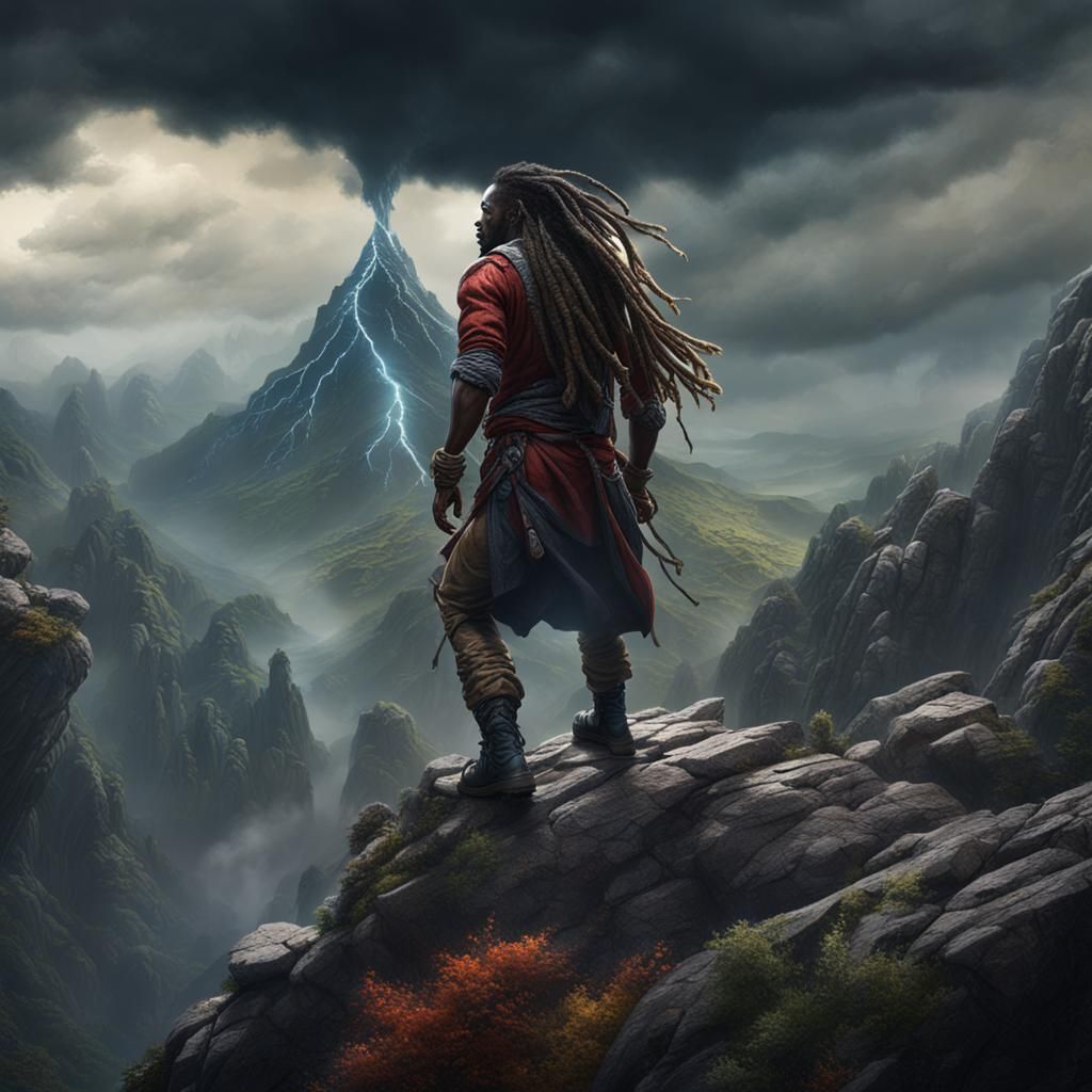 Ebony Man Climbs Mountain: Fantasy Concept Art