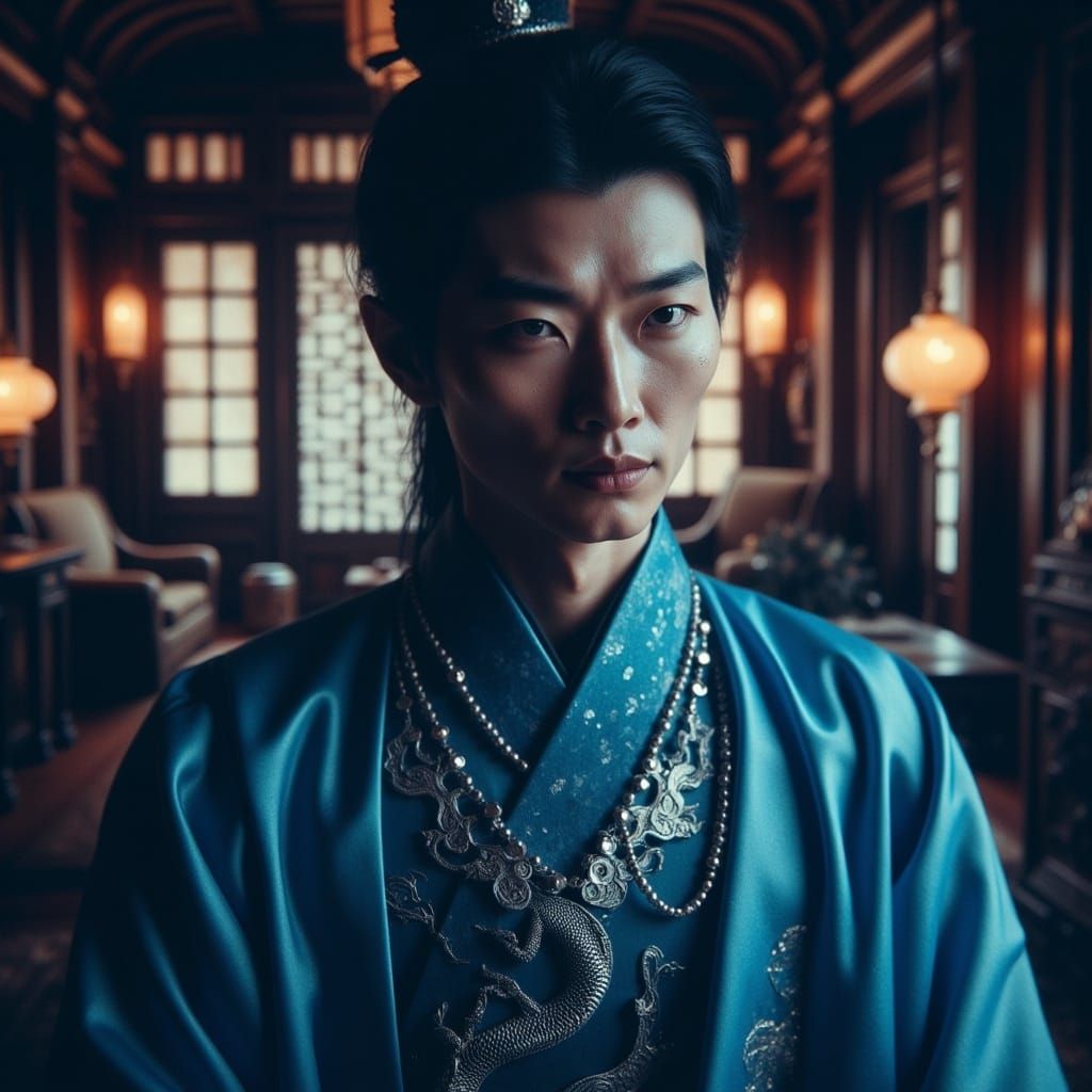 Korean Prince in Luxurious Blue Attire with Silver Dragons,...