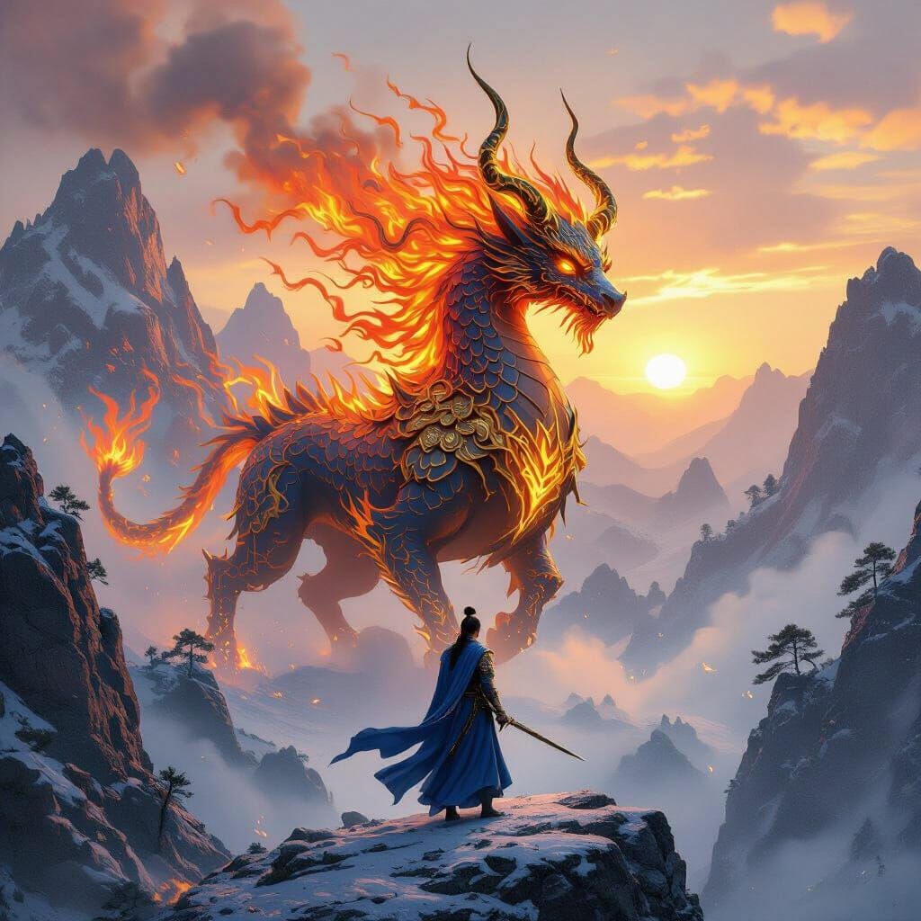 Fire Qilin in Snowy Mountains at Sunset