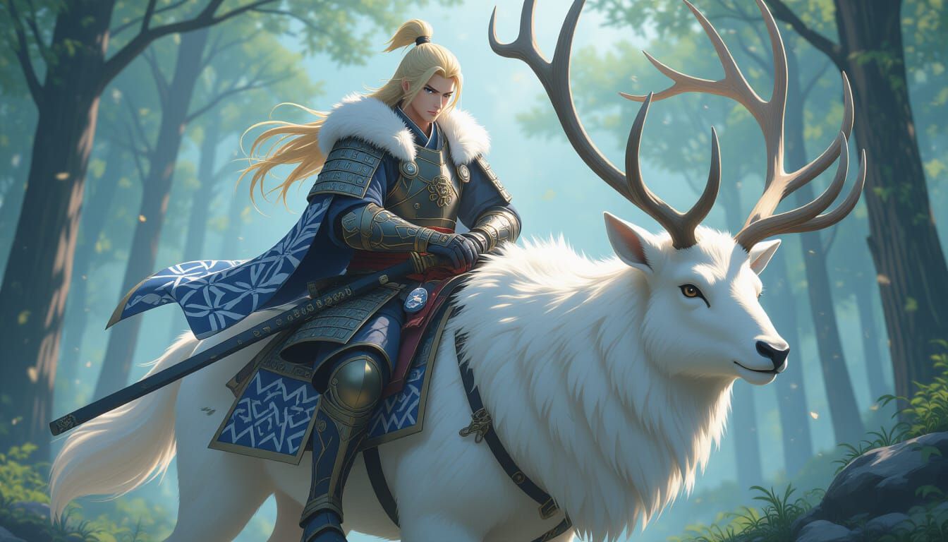 Warrior King on Elk in Misty Forest, 3D Anime Art
