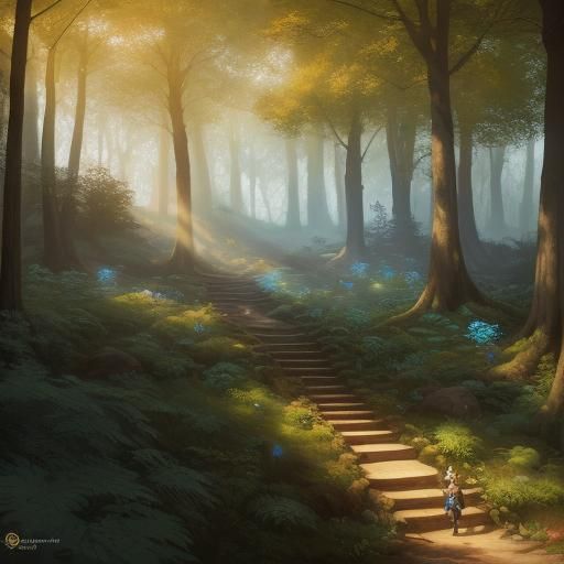 Girl and Dog in Enchanted Forest, Oil Painting