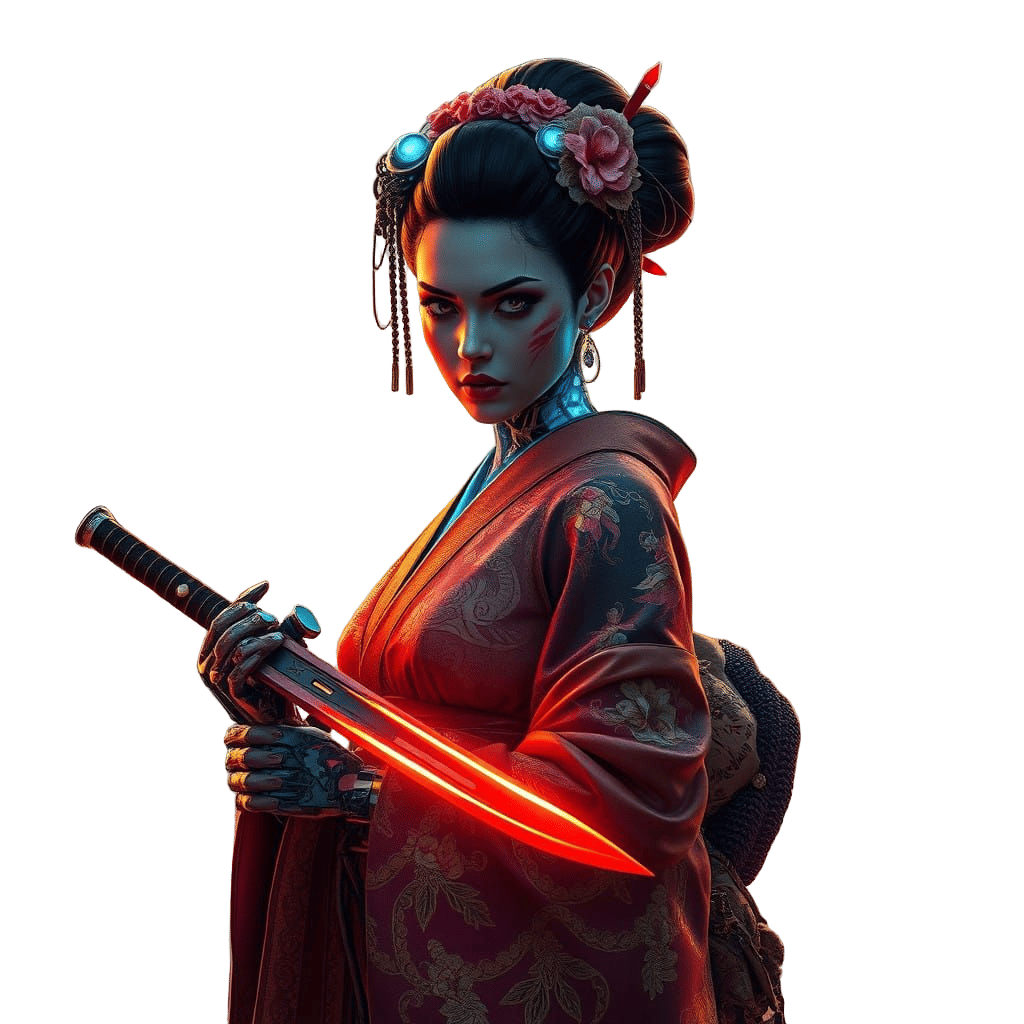 Cyberpunk Geisha Unveiled in Golden Hour