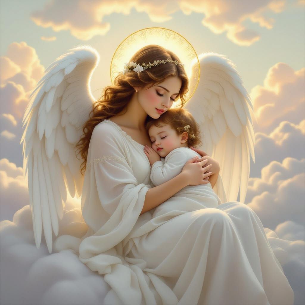 Serene Angel Cradles Baby in Ethereal Glow