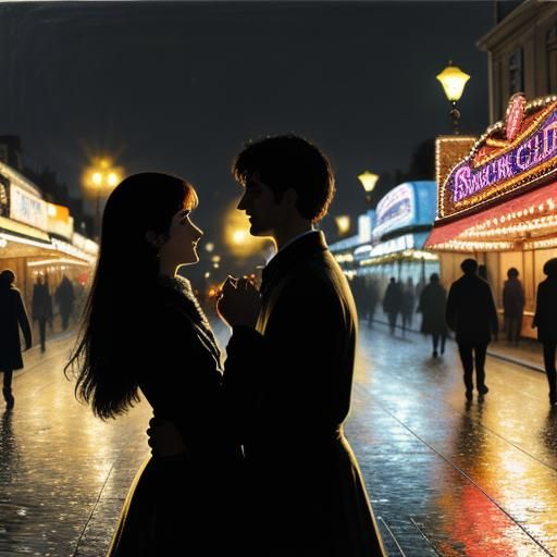Romantic Fairground at Night as Impressionist Oil Painting