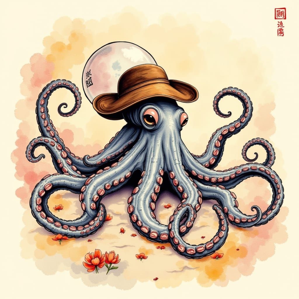 Stetson Octopus in Watercolor Painting, Dreamlike Style