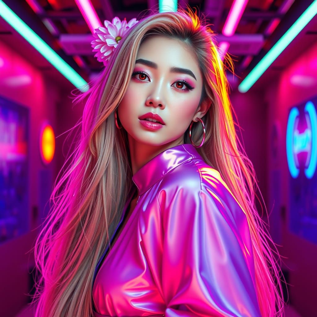 Vibrant K-Pop Idol in Neon Studio