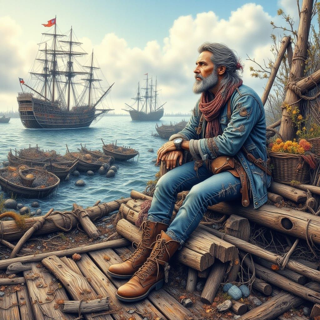 Bohemian Man Observes Ships at the Dock
