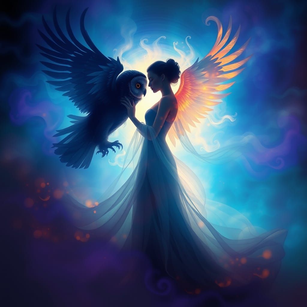 Ethereal Goddess Unites with Majestic Owl in Swirling Dance ...
