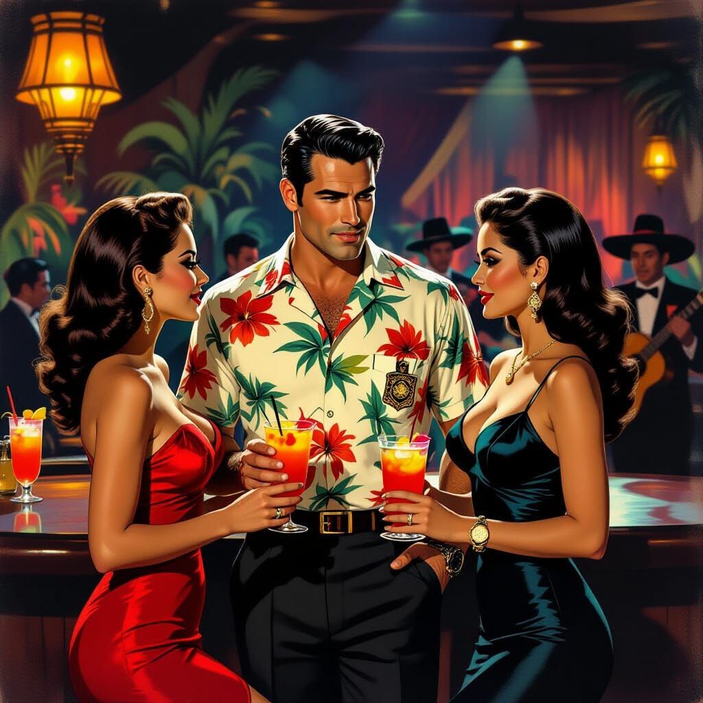 Film Noir Detective in Tiki Lounge, Pin-Up Style