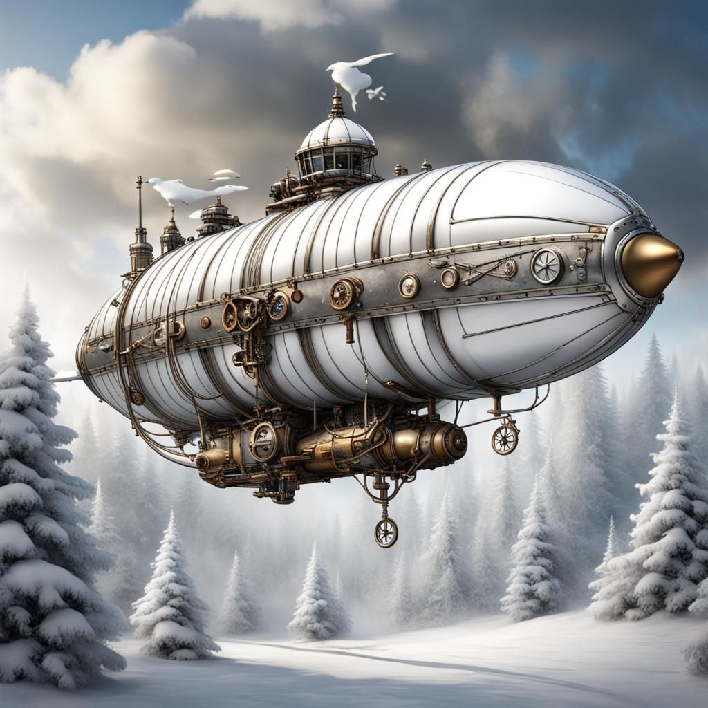 Steampunk Blimp Soaring Through Winter Wonderland