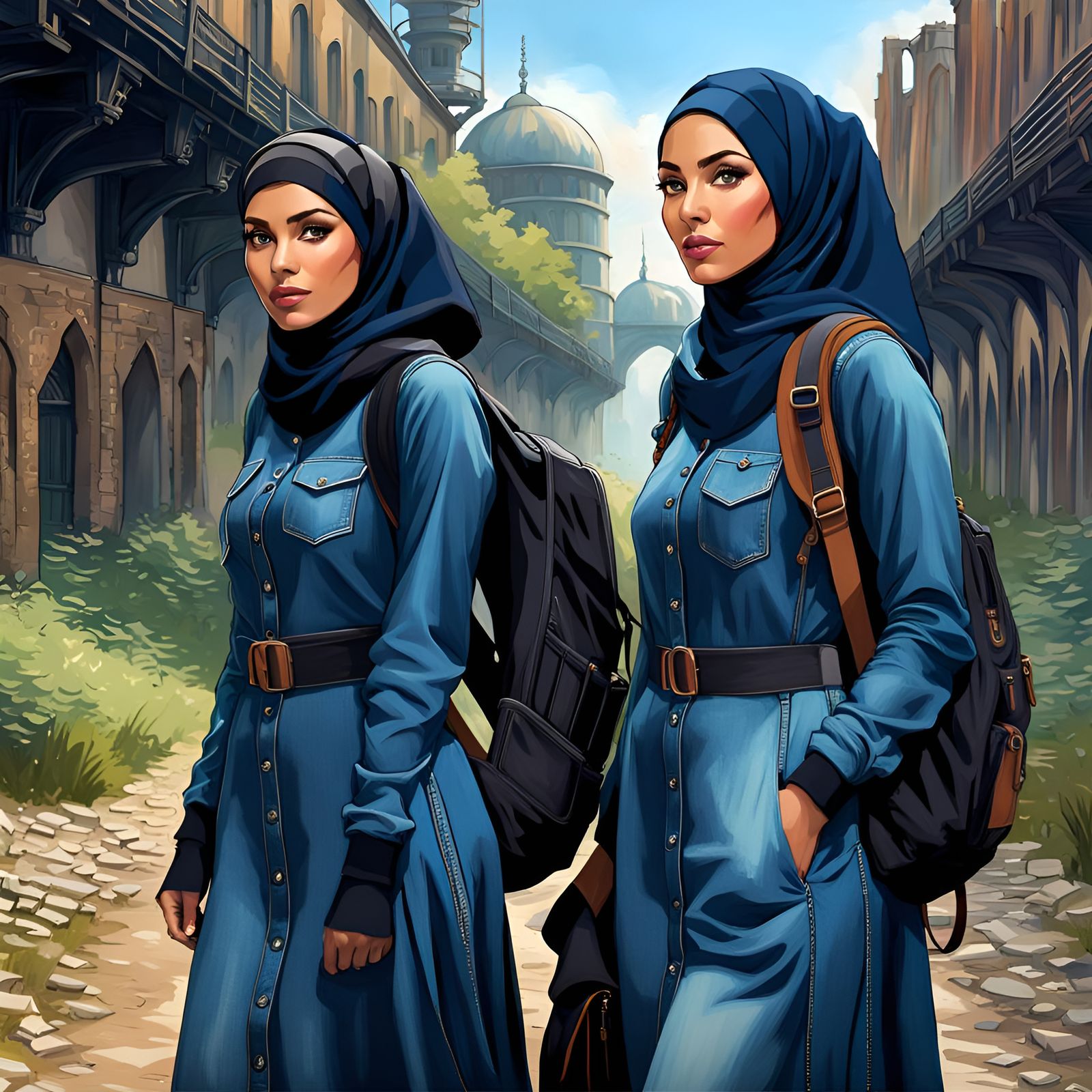 Hijabi Women Hiking in Industrial Area: Detailed Portrait
