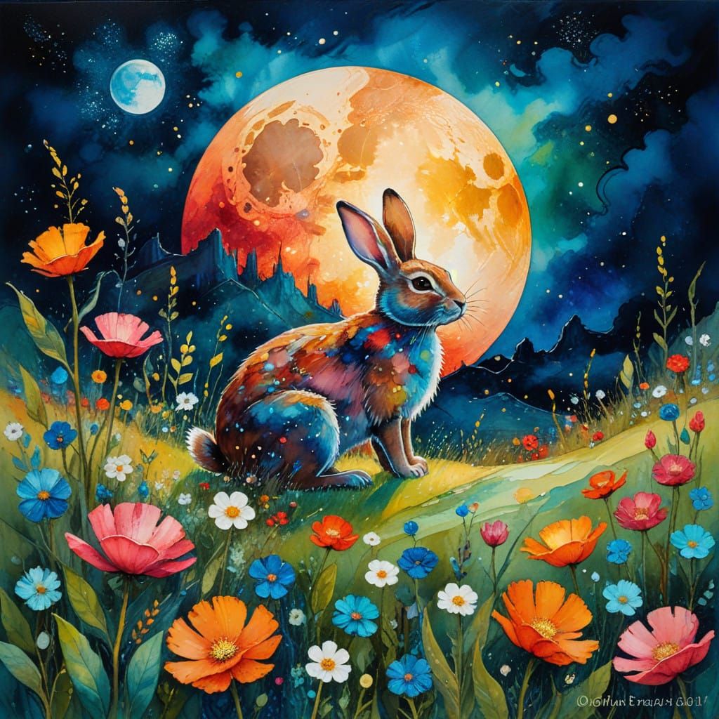 Surreal Moonlit Rabbit in Vibrant Impasto Colors