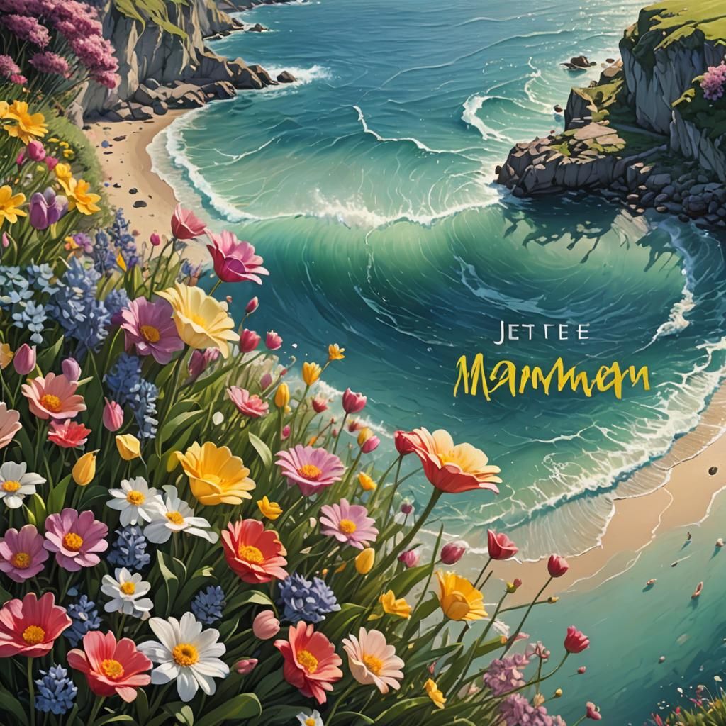 Spring Flowers Landscape with Ocean: Hyperrealistic Splash A...