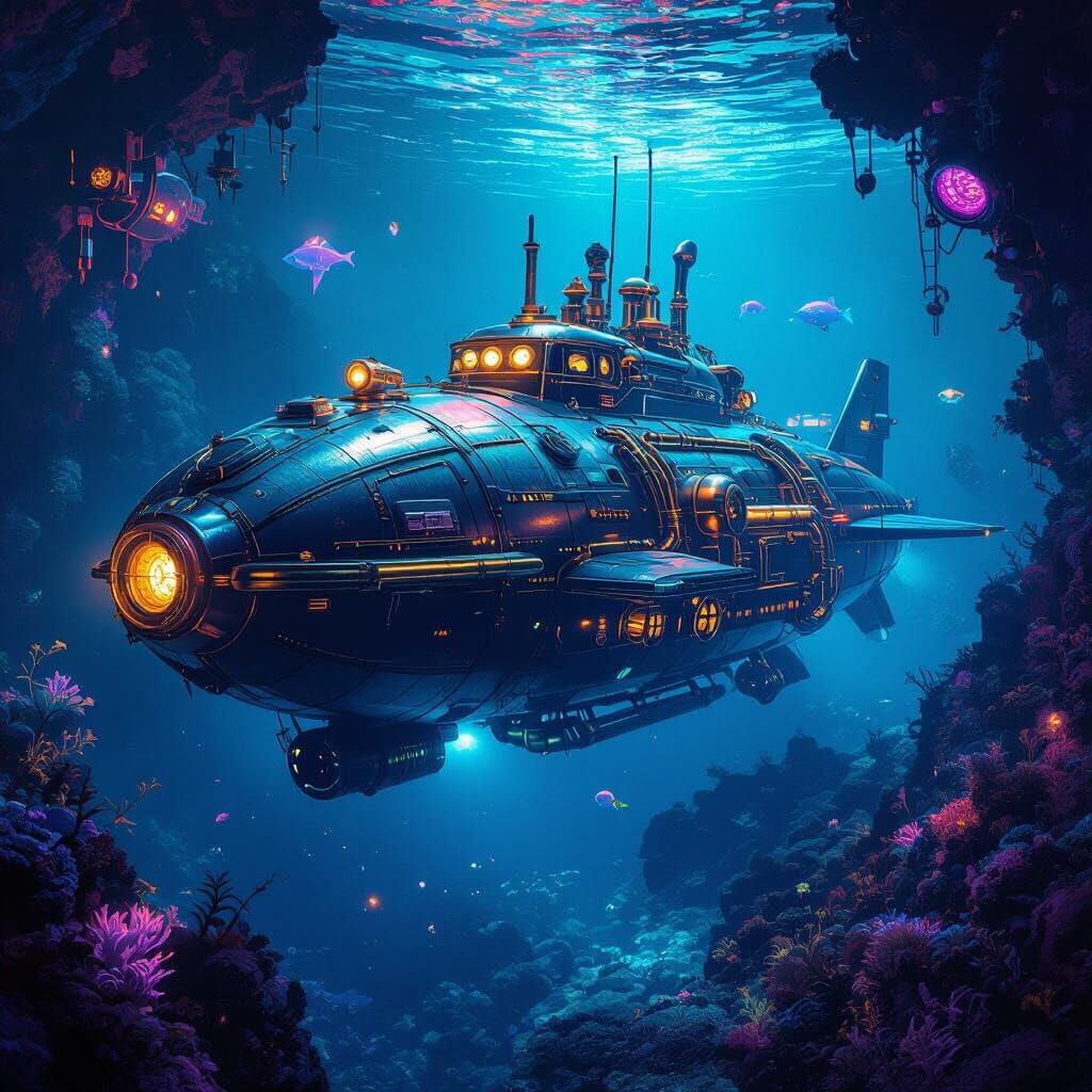 Futuristic Steampunk U-Boat in Bioluminescent Ocean
