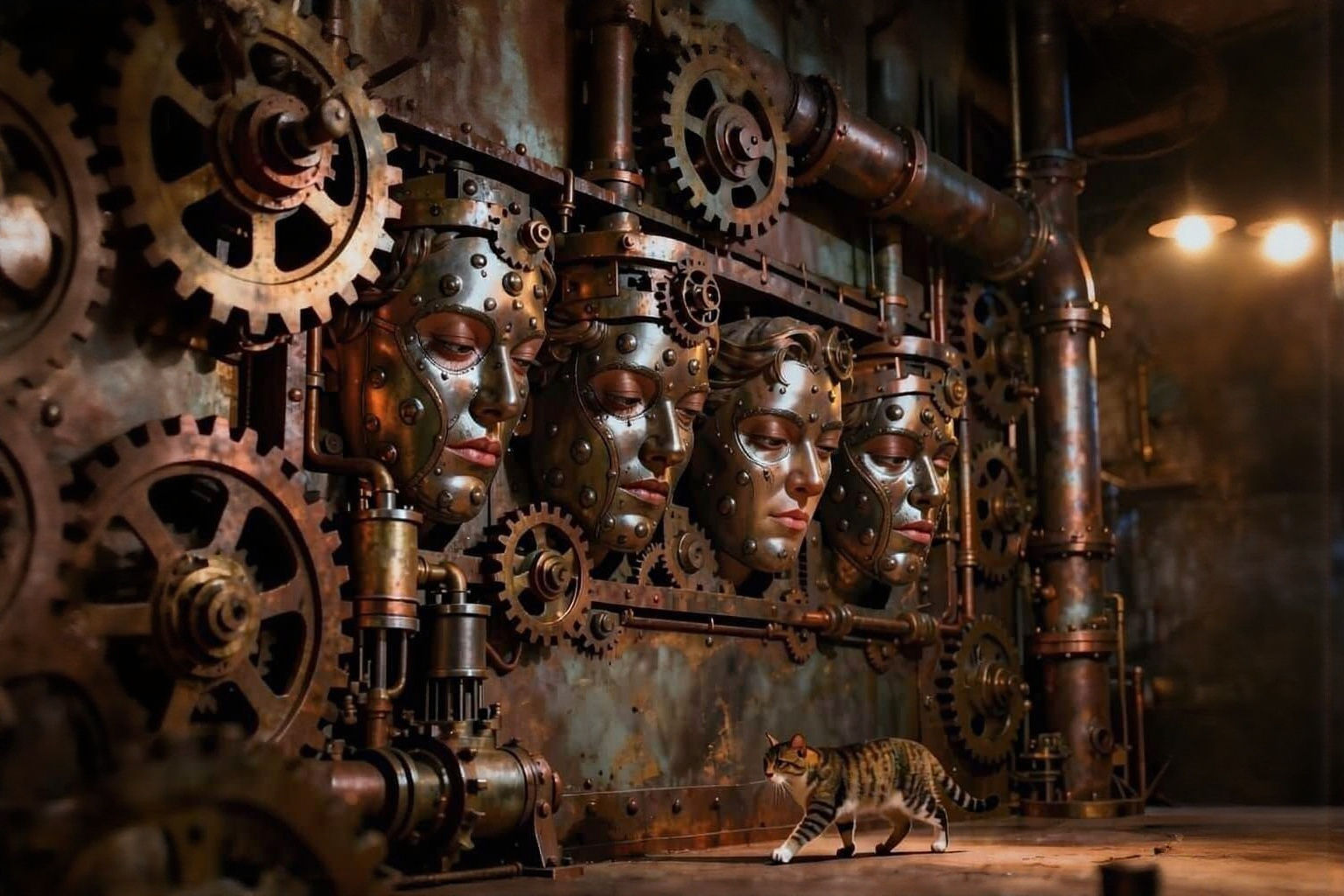 Steampunk Mechanical Wall of Faces Watching a Cat