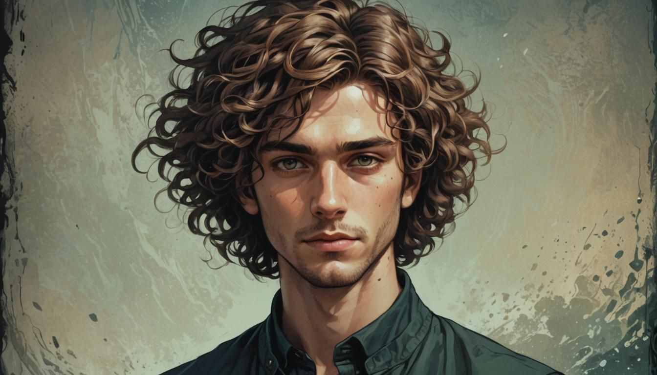 Wavy-Haired Man in Graphic Illustration Style