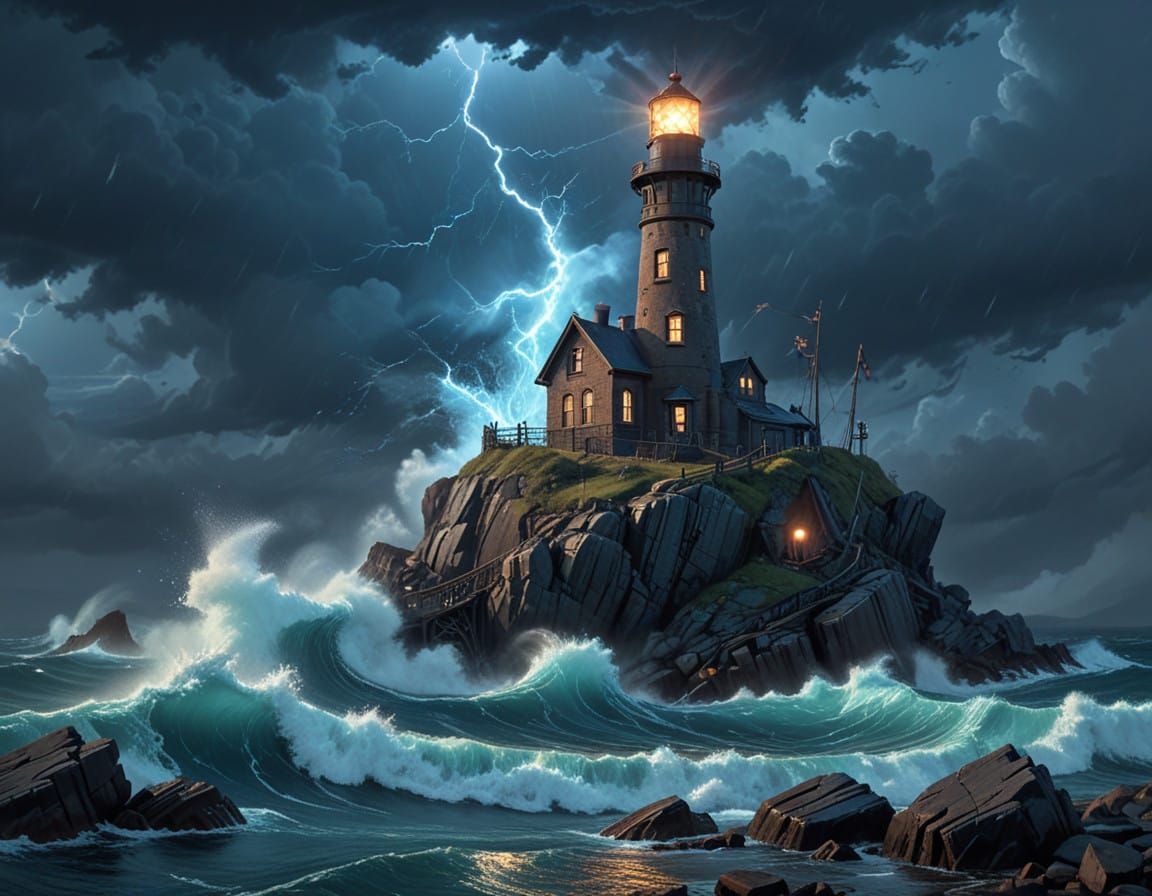 Ethereal Victorian Lighthouse Defies Stormy Sea