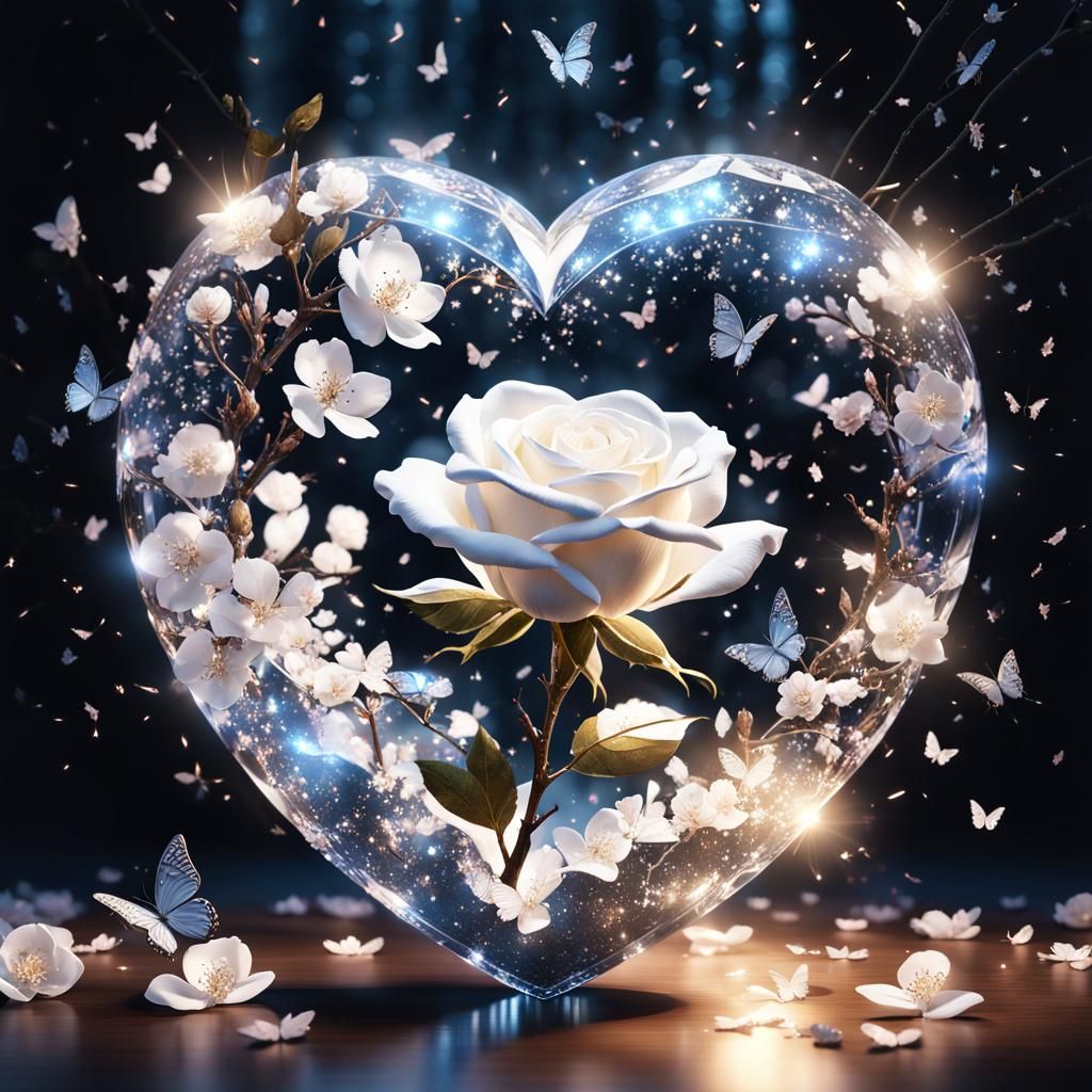 Crystal Heart with Rose and Blossoms in CGI