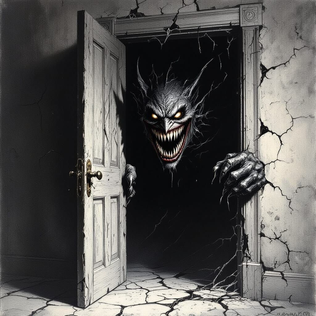 Nightmare Creature Emerges from Cracked Door