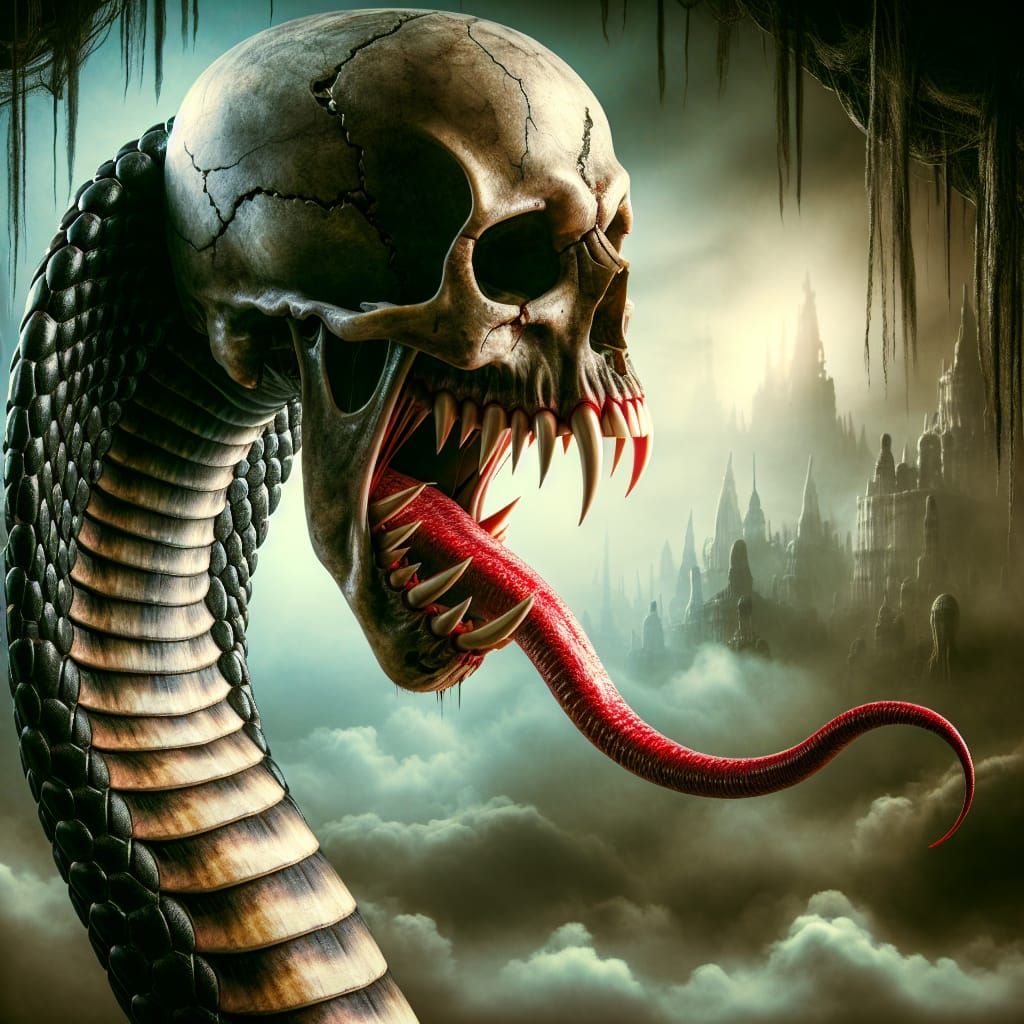 Colossal Cobra with Skull Head in Nightmare Landscape
