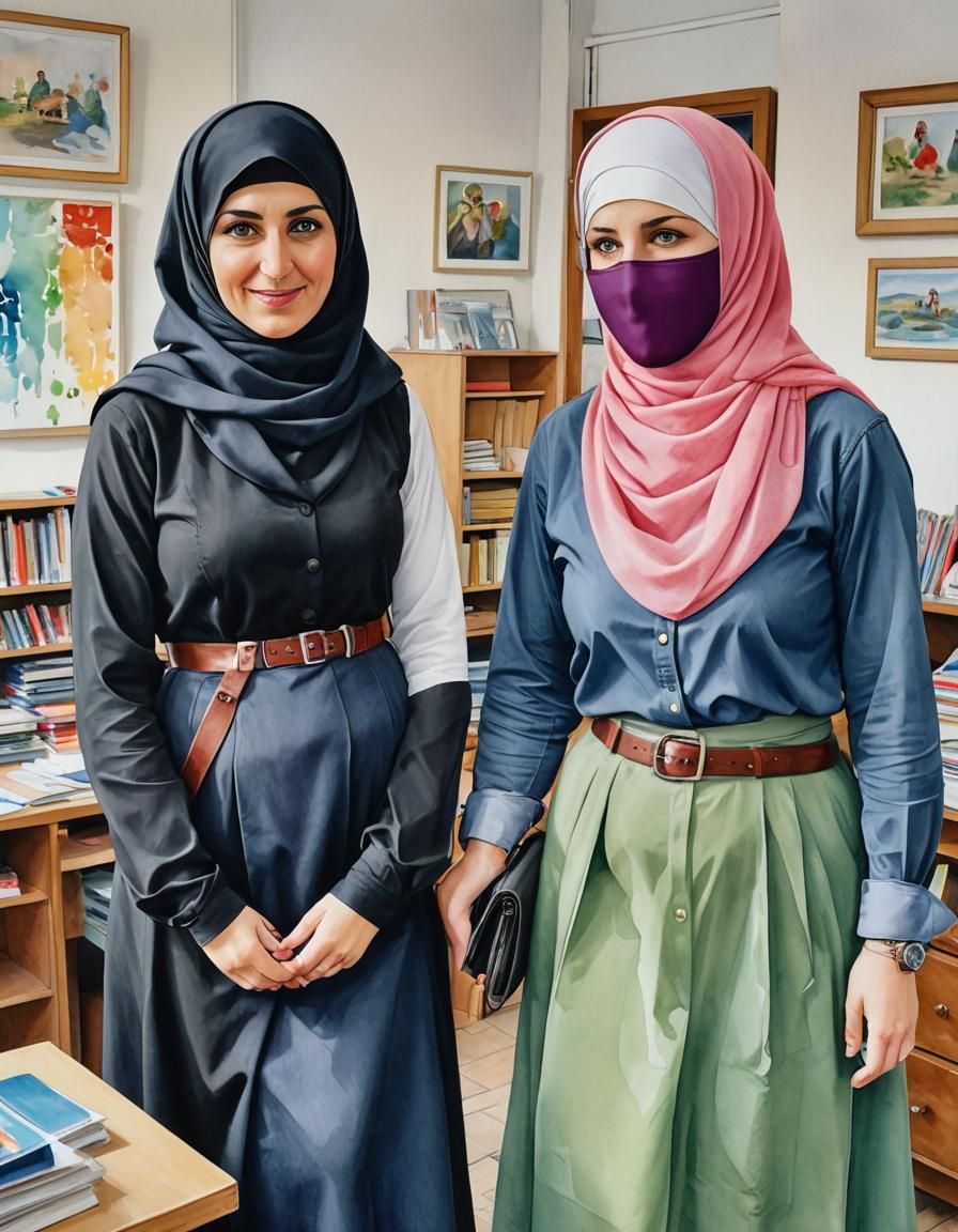 Two Teachers in Hijab and Niqab Watercolor Portrait