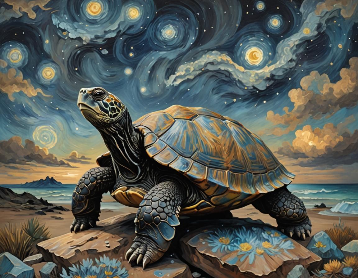 Starry Night Turtle: a Neo-Impressionist Digital Painting