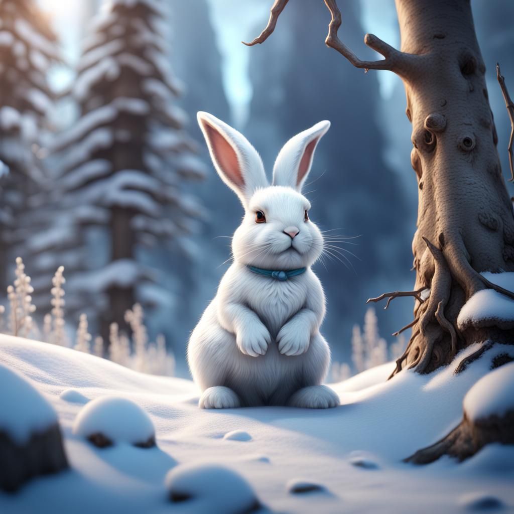 Adorable White Bunny in Snowy Fantasy Landscape