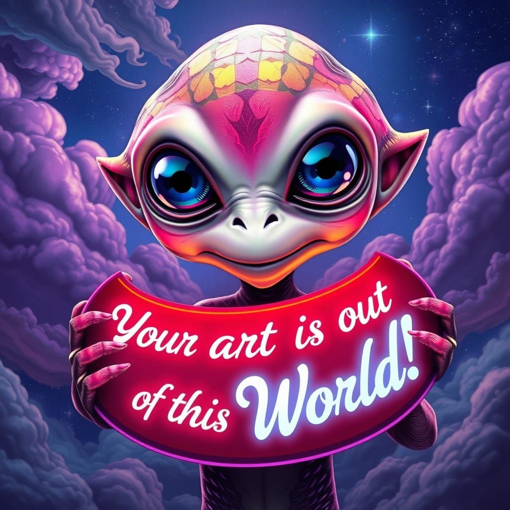 Celestial Being with Shimmering Eyes Holds Artistic Praise