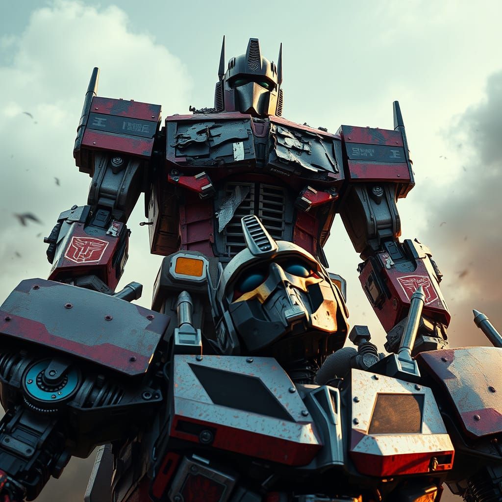 Optimus Prime's Victory: A Cyberpunk Sci-Fi Scene
