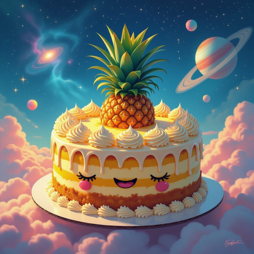 Cosmic Pineapple Cake in Surreal Digital Art