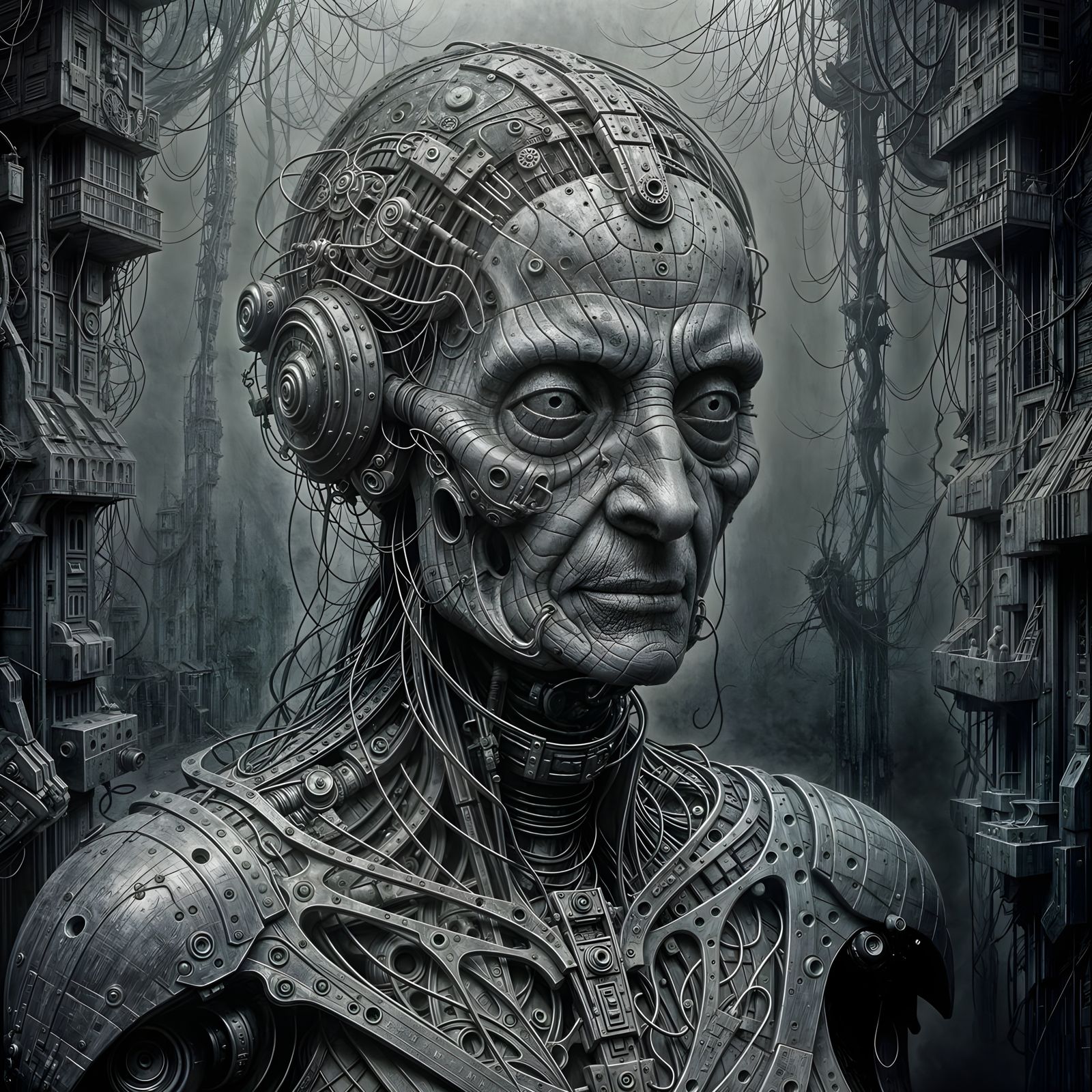 Elderly Robot Lady in Ominous Monochromatic Landscape