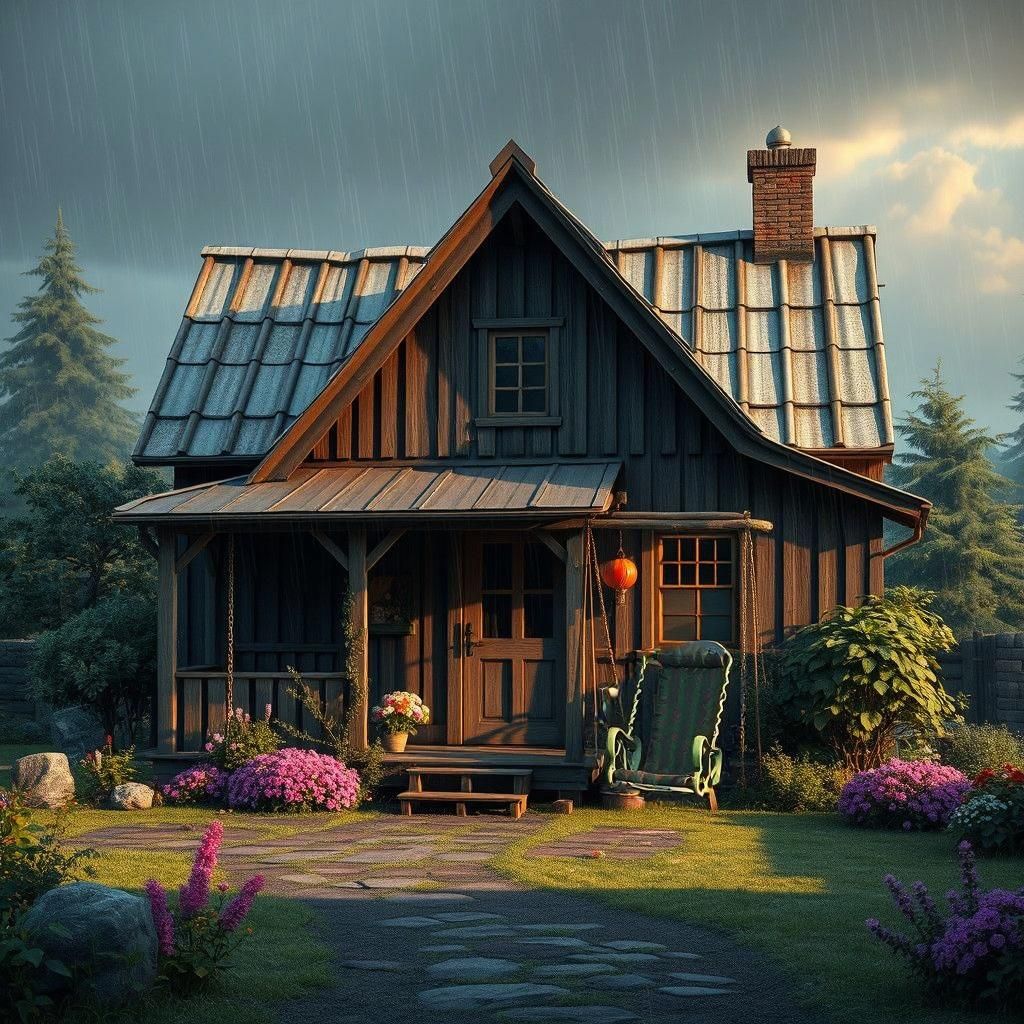 Charming Wooden House in Gentle Rain: Matte Painting