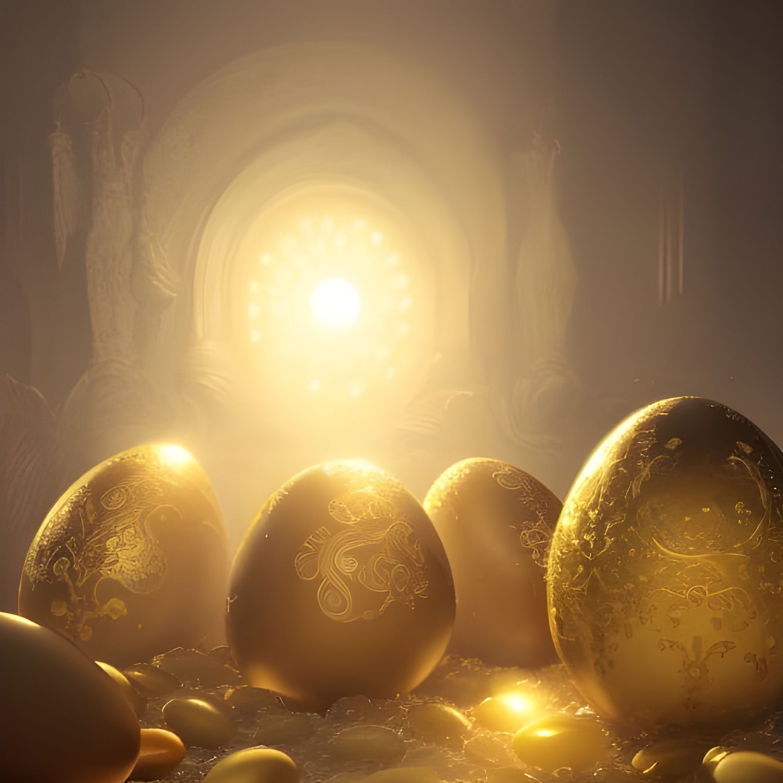 Golden Easter Eggs in Sunlight: Hyperdetailed Concept Art