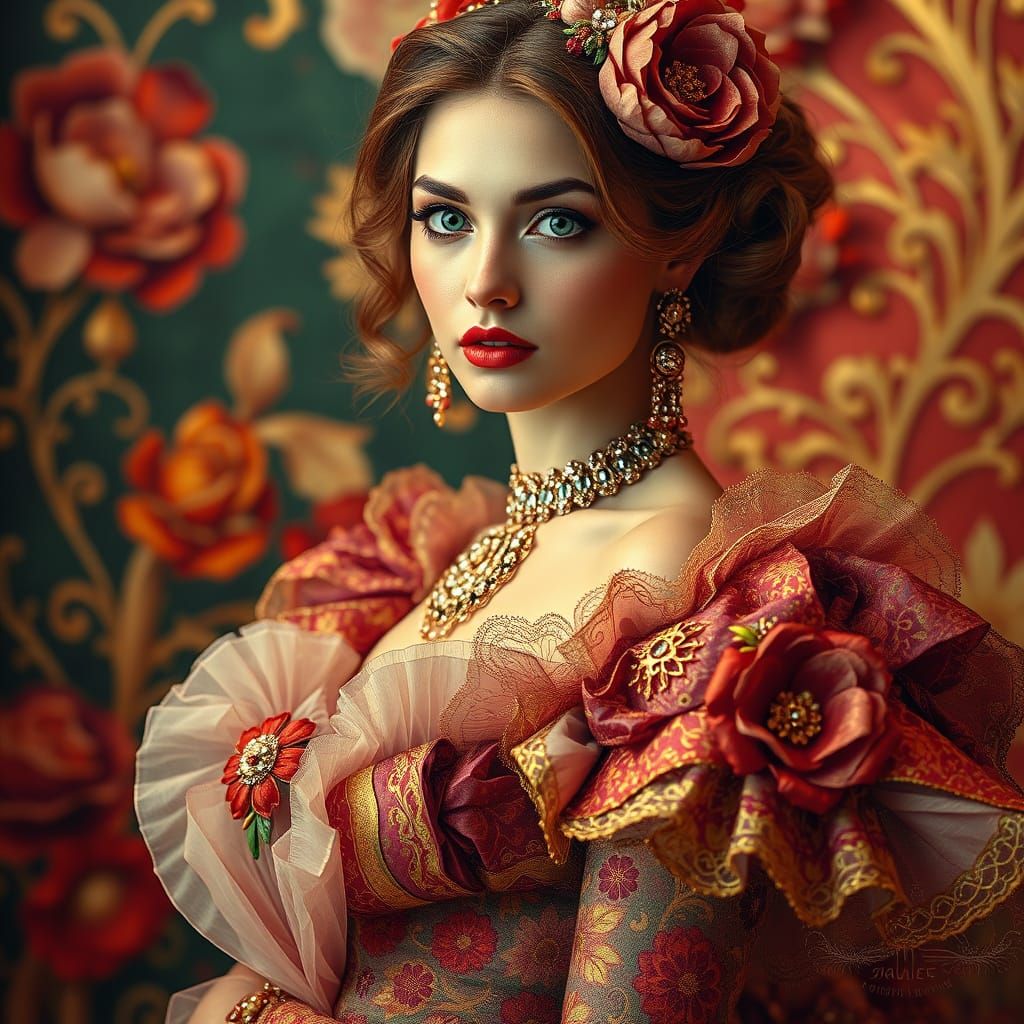 A vibrant photo realistic high definition high details painting of a beautiful woman. she wears an elaborate, multi-laye...