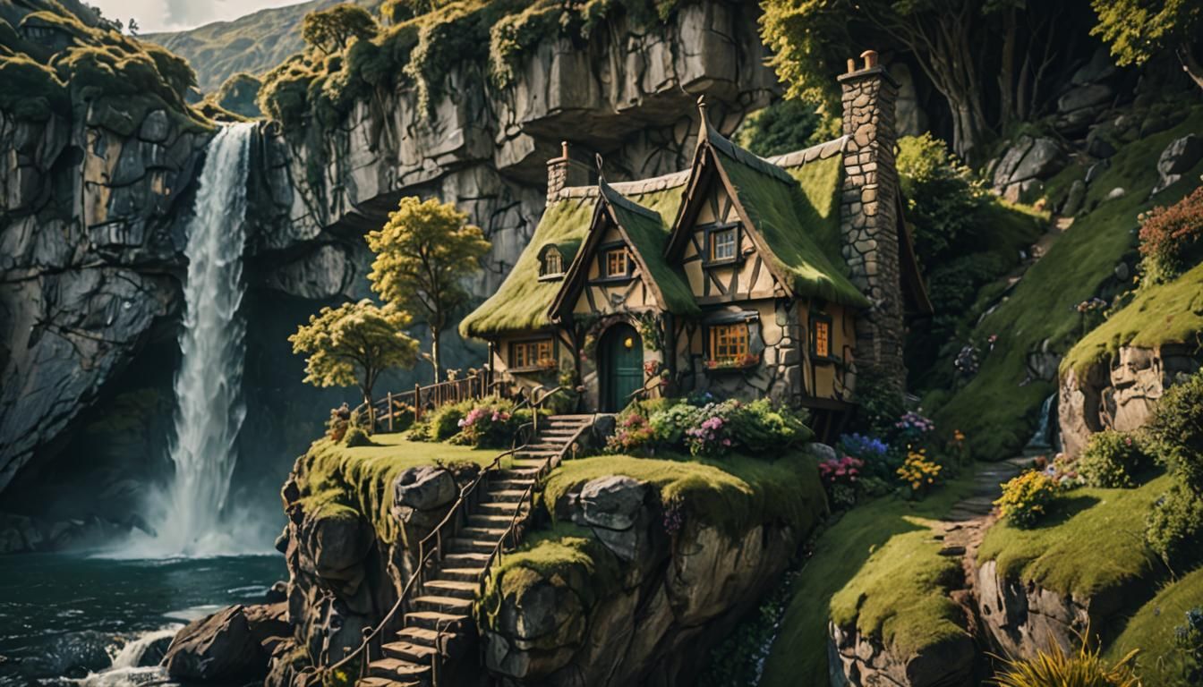 Cinematic Fairy Cottage by Waterfall