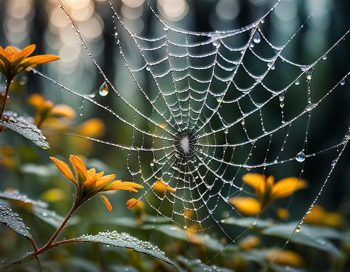 Sparkling Spiderweb on Wildflowers in Neo-Impressionism