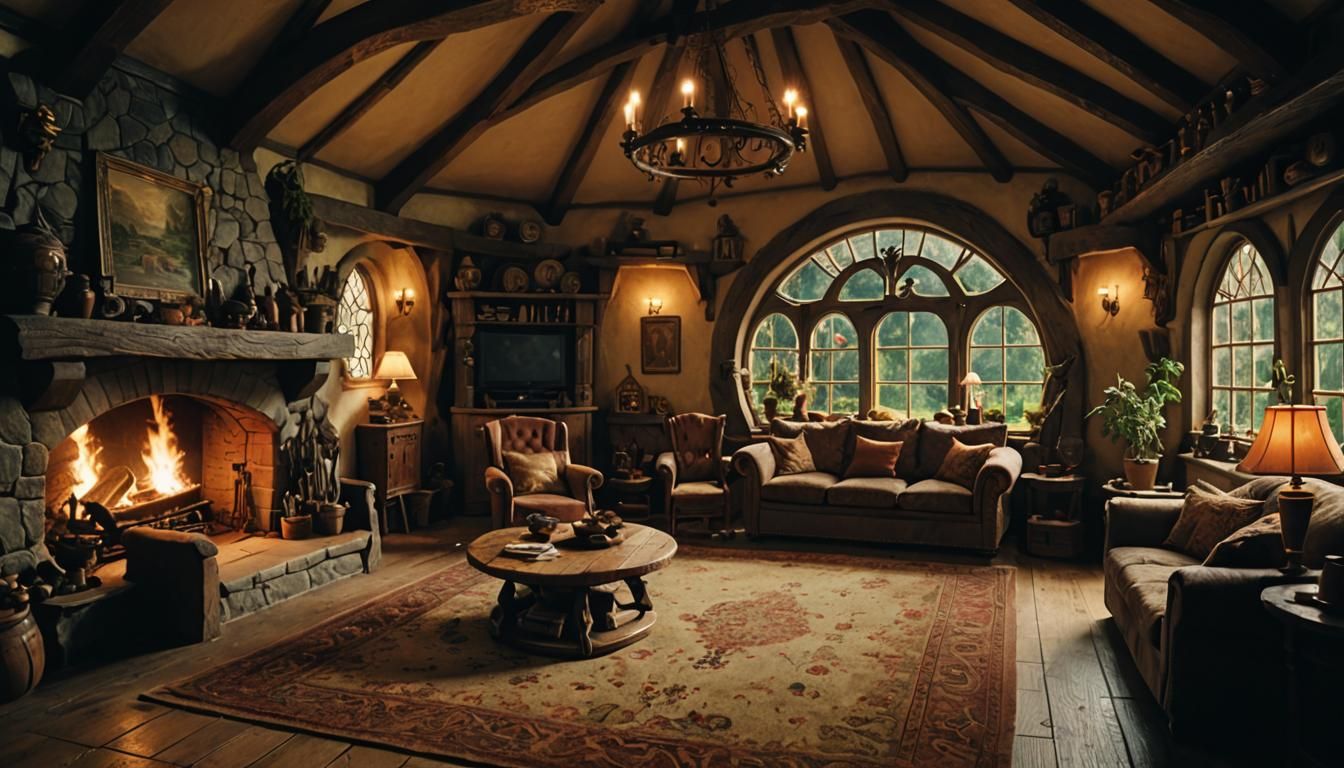 Cozy Hobbit House Living Room in Cinematic Style