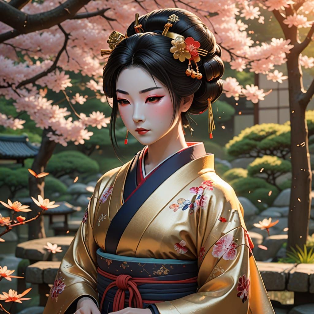 Geisha Composing Haiku in Kyoto Garden, Anime Art