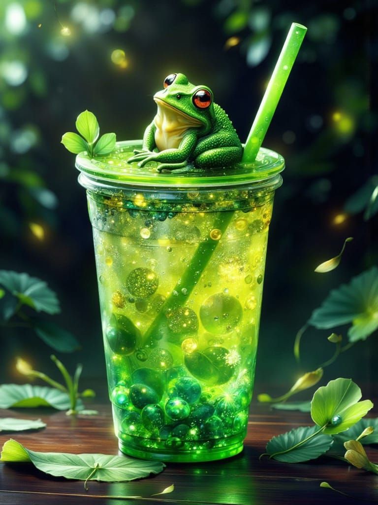 Luminescent Frog Boba Tea Fantasy Art